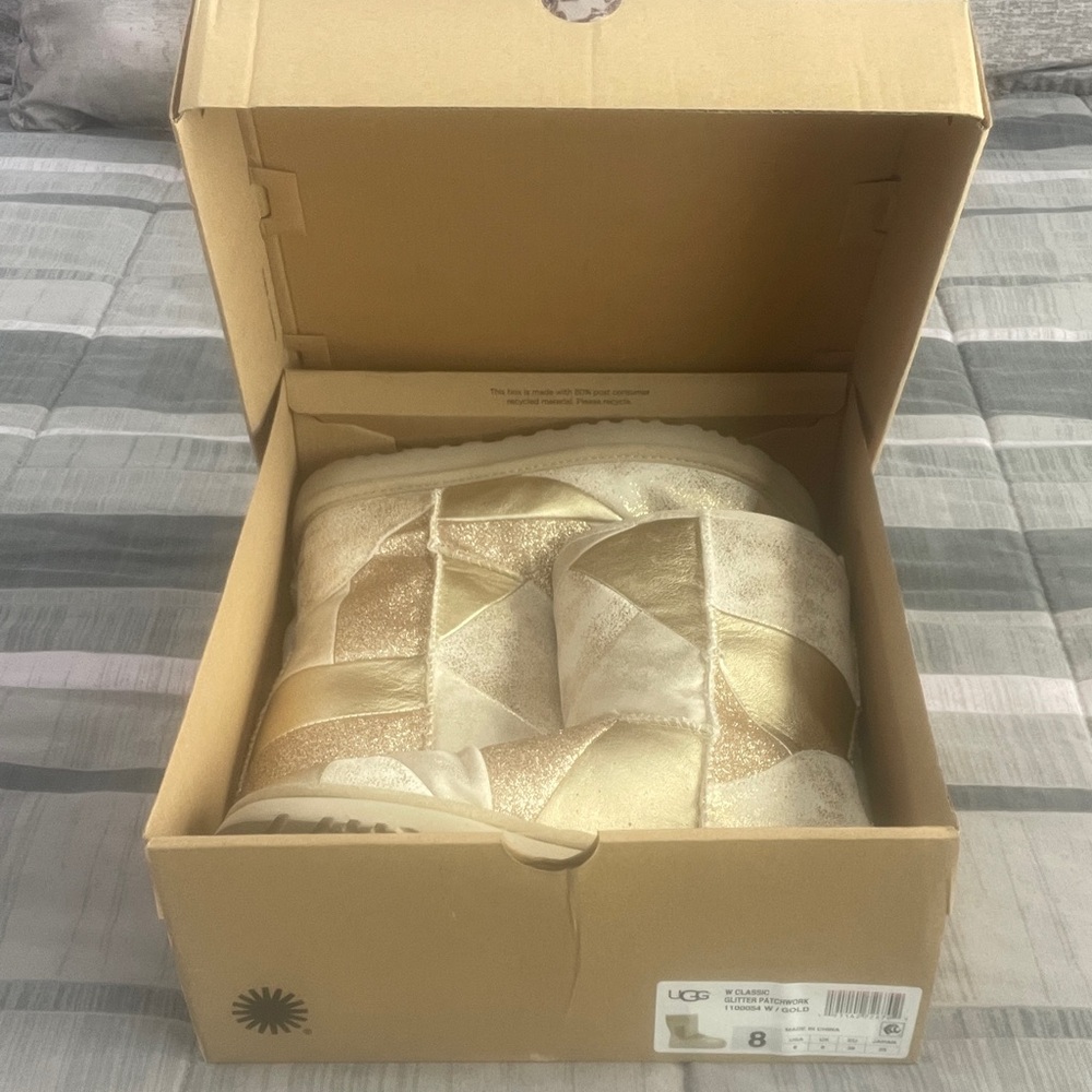 Ugg Classic Glitter Patchwork Boot in Gold size 8